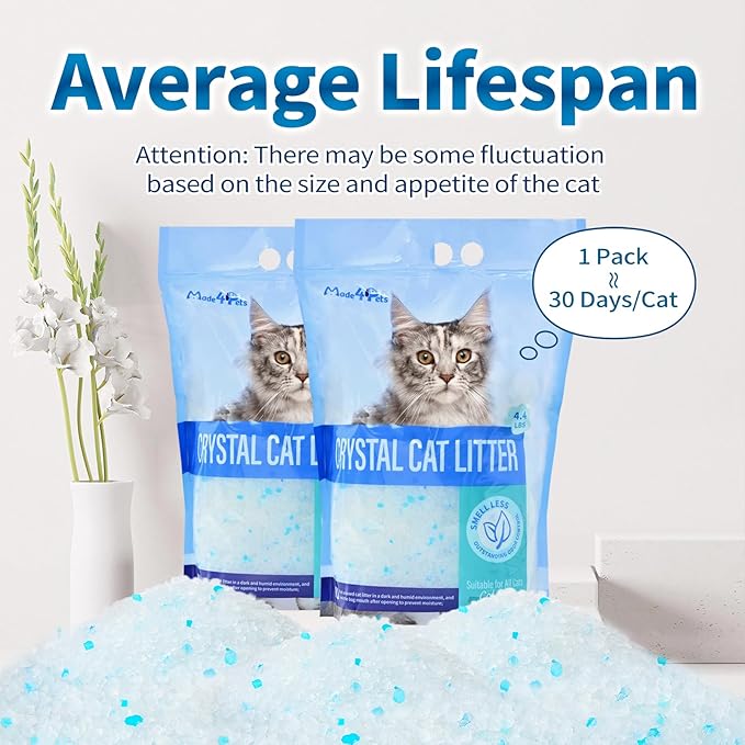 Made4Pets Cat Litter Crystals, Non Clumping Cat Litter Odor Control Kitty Litter Non Clumping No scooping Low Dust, Low Tracking, Lightweight, Dehydrates Waste,Cologne– 17.2 lbs (4 x 4.3 lb Packs)