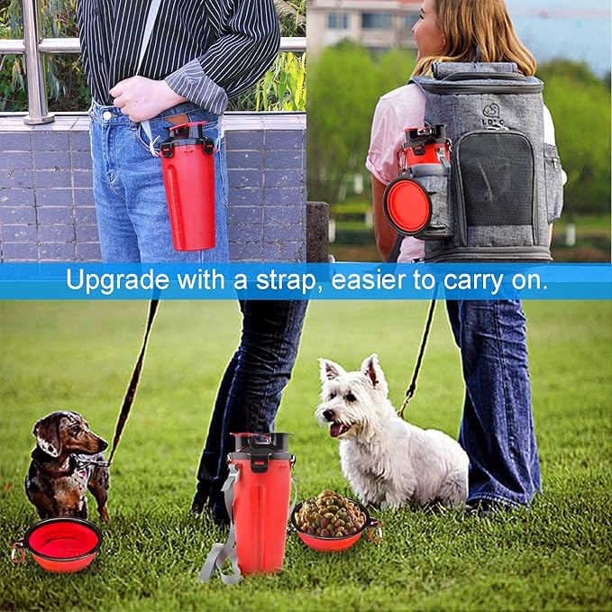 Dog Travel Water Bottle Collapsible Bowls, 2 in 1 Pet Food Container with Collapse Bowls, Outdoor Portable Water Bowls for Walking, Traveling, Camping and Hiking (Red)