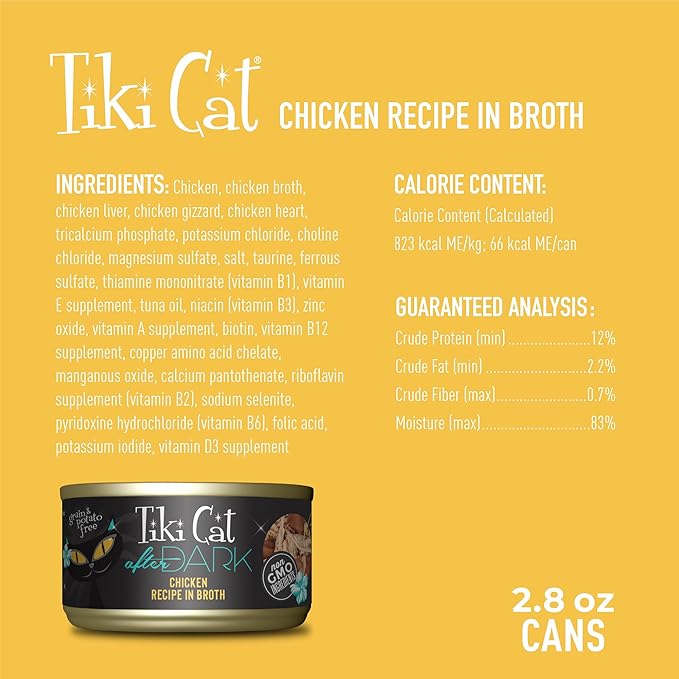 Tiki Cat After Dark, Chicken, High-Protein and 100% Non-GMO Ingredients, Wet Cat Food for Adult Cats, 2.8 oz. Cans (Pack of 12)