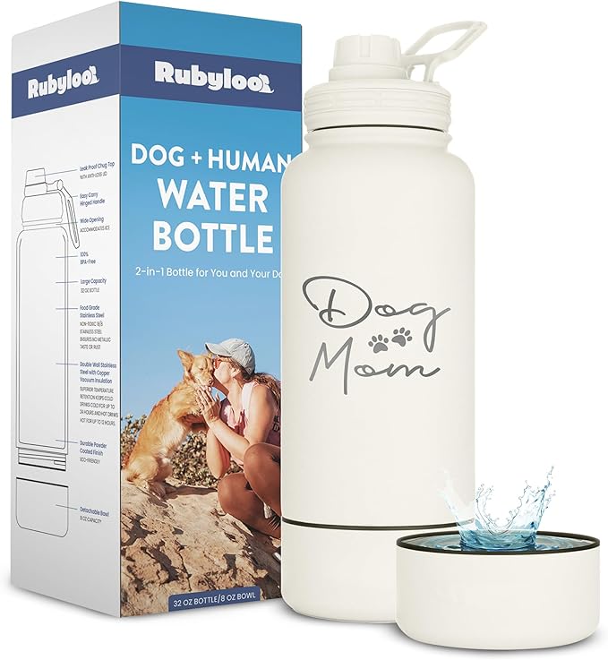 Dog Mom Water Bottle - 32 oz Stainless Steel Double Wall Insulated with 8 oz Detachable Bowl on Bottom - Cool Dog Mom Gifts for Women for Hiking, Walking, Travel and Everyday Adventures - DM Cream