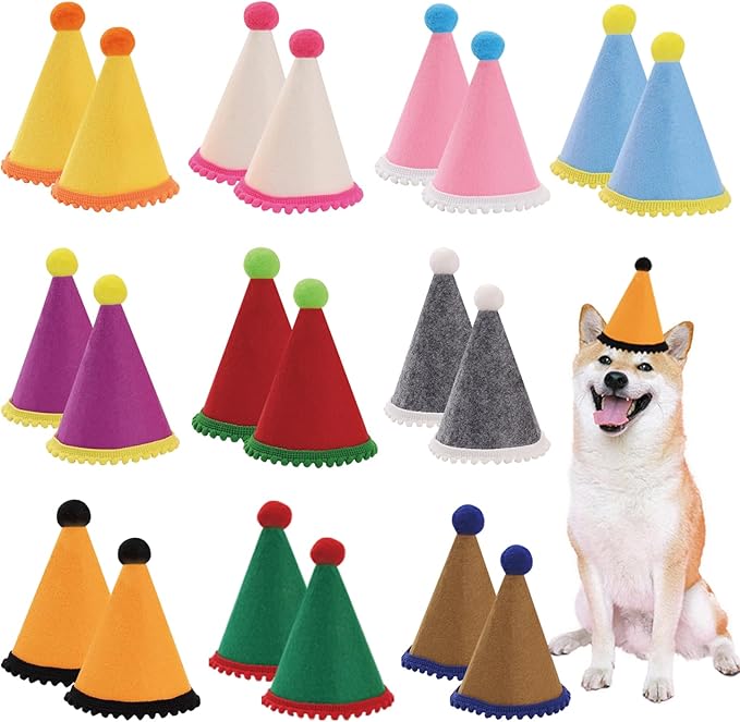 20 Pcs Dog Birthday Hat Set for Small Medium Dogs Cat Puppies, Mini Party Hat with Adjustable Headbands, Cute Pet Hat with Pompons for Birthday Christmas Party Decoration Accessories (Small 3.5 Inch)