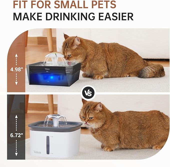 Veken Small Pet-Friendly Cat Water Fountain with Stainless Steel Lid & Quiet Pump, Easy to Clean & Assemble, 50oz Mini Pet Water Dispenser with 4 Replacement Filters & 4 Pre-Filter Sponges, Silver
