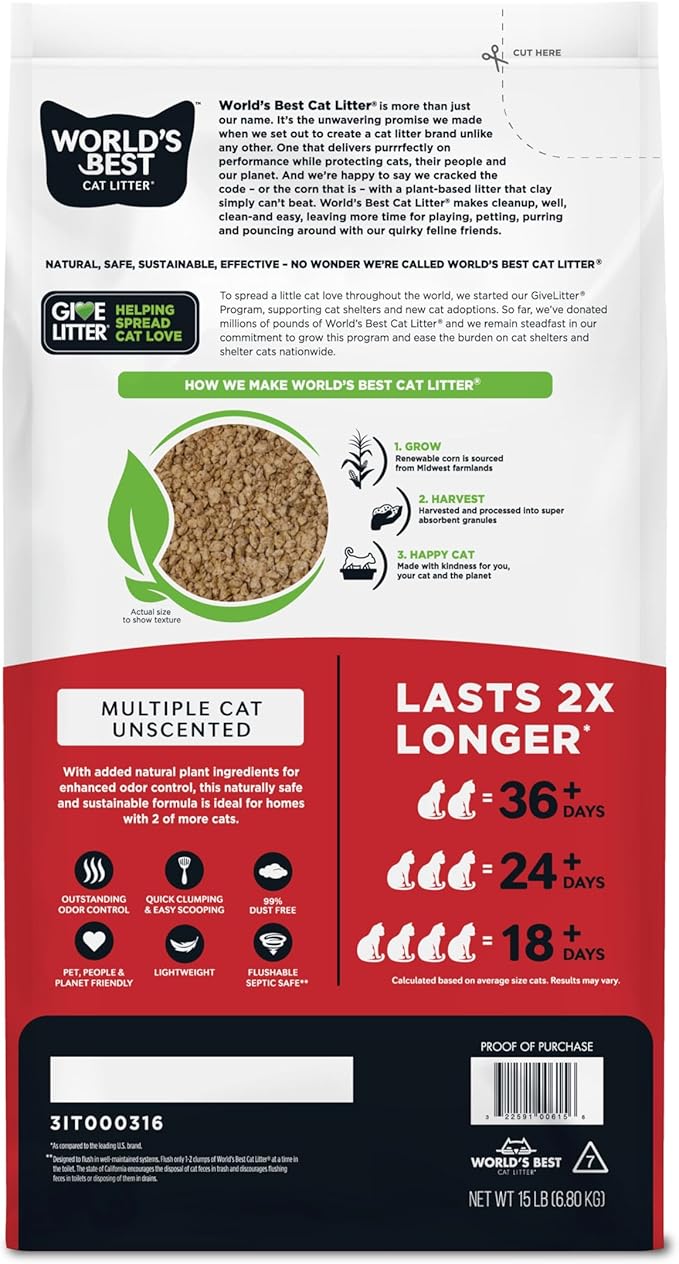 WORLD'S BEST CAT LITTER Multiple Cat Unscented, 15-Pounds - Natural Ingredients, Quick Clumping, Flushable, 99% Dust Free & Made in USA - Long-Lasting Odor Control & Easy Scooping