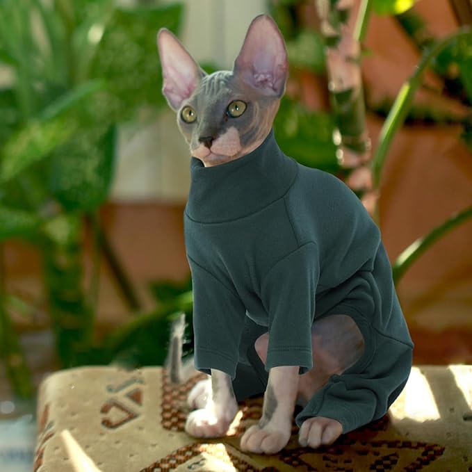 ROZKITCH Hairless Cat Clothes, Breathable Soft Jumpers for Cats Only, Coat with Four Legs, Warm Sweater T-Shirt Cat Pajamas Jumpsuit Vest Cornish Rex Devon Rex Peterbald DarkGreen 2XL