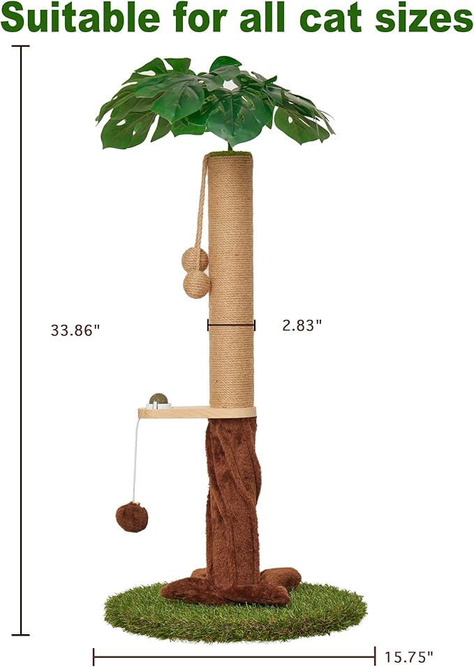 Cat Scratching Posts with Sisal Rope, Dangling Balls and Natural Healthy Catnip Balls, 33.86" Tall Cat Scratcher with Extra Cat Energy Ball for Indoor Cats Adults and Kitten