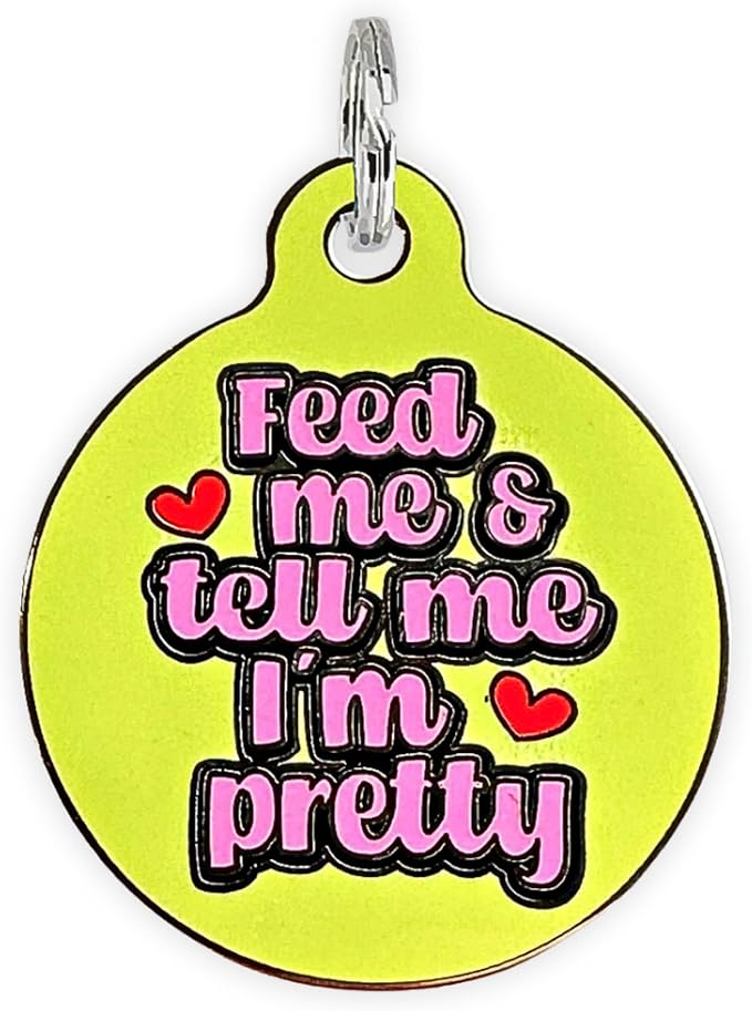 Personalized QR Code Dog Tags - Choose from 25+ Tag Designs - QR Code Links to Your Profile - Unique, Cute, Funny, Sassy Pet ID Tag (Feed Me & Tell Me I'm Pretty, Large (1.25 inch))