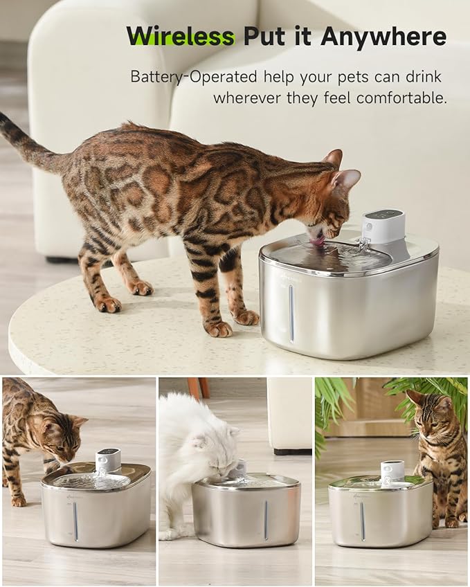 Cat Water Fountain Stainless Steel,152oz/4L Wireless Pet Fountain Battery Operated,Quiet Filtered Pet Water Fountain,Automatic Water Bowl for Cats Dogs with Motion Sensor 5 Filters