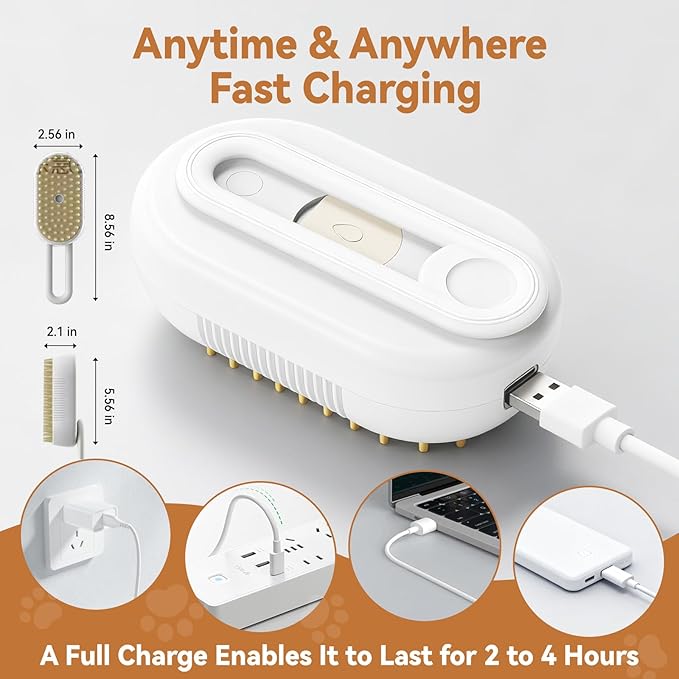 4 in 1 Pet Steam Brush for Shedding,Rechargeable cat brushes for indoor cats,Quiet Detangling Brush for Long Haired Cats and Dogs(White)