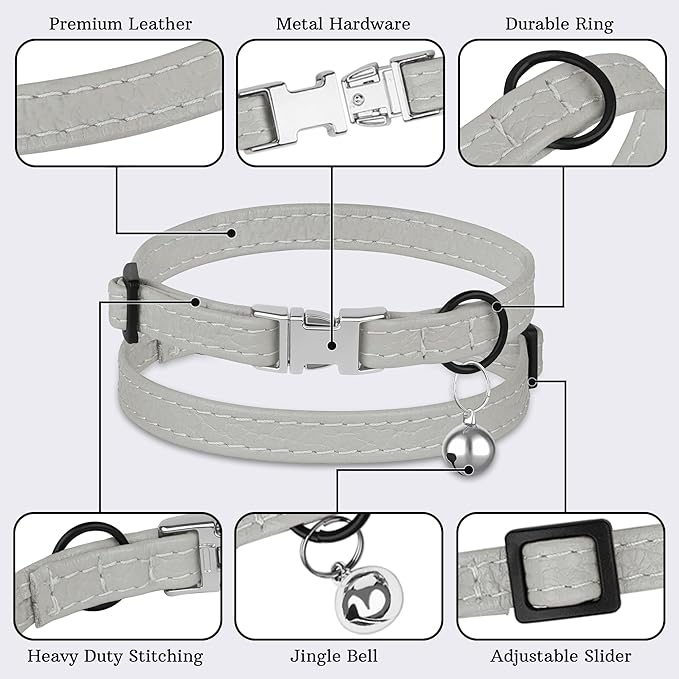 Leather Cat Collar with Buckle and Removable Bell - Non Breakaway Adjustable Soft Safety Small Pet Collars for Girl Boy Cats Kitten (Gray)