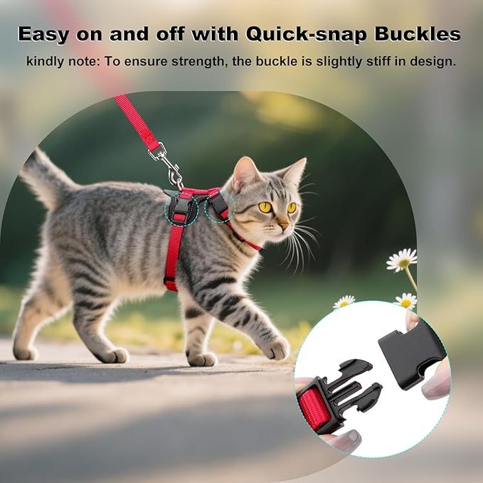 Plutus Pet Adjustable Cat Harness and Leash Set, Quick Release, Escape Proof Nylon Vest with Leather Trim for Kitten, Small Medium Large Cats, Red