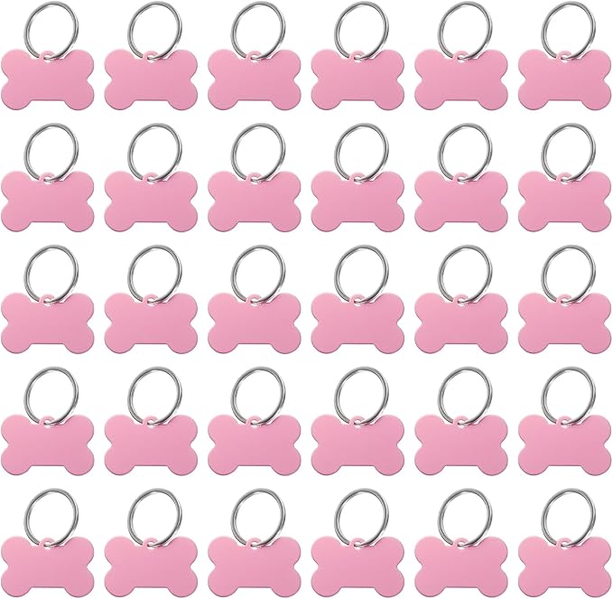MECCANIXITY Bone Shaped Dog Tag Pet ID Tags, 38mmx25mm/1.5" x1 Metal Pink Blank Dog Tags Cat Tags with Ring for Dog Cat, Pendant Crafts, Pack of 30