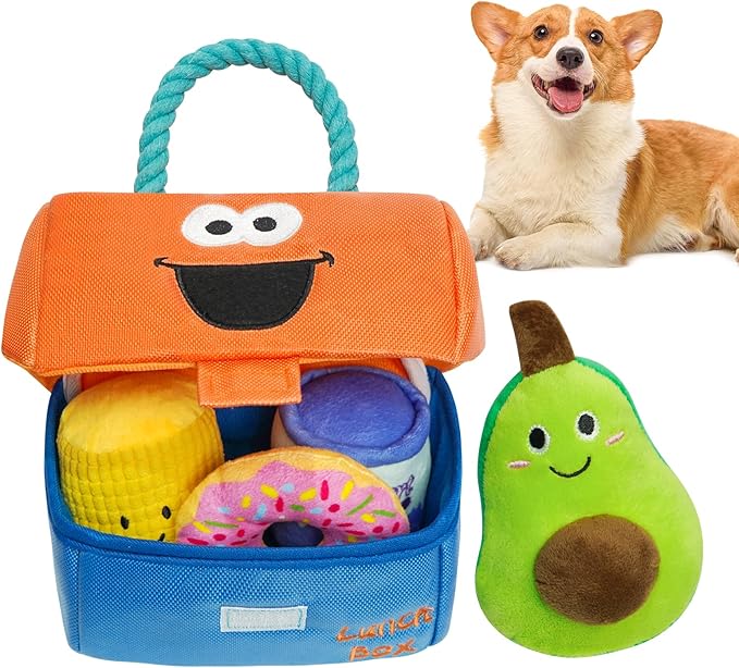 Hide and Seek Dog Toys, Squeaky Interactive Puzzle Dog Toys for Boredom and Stimulation, Dog Enrichment Toys with Rope for Small and Medium Dogs - Lunch Box