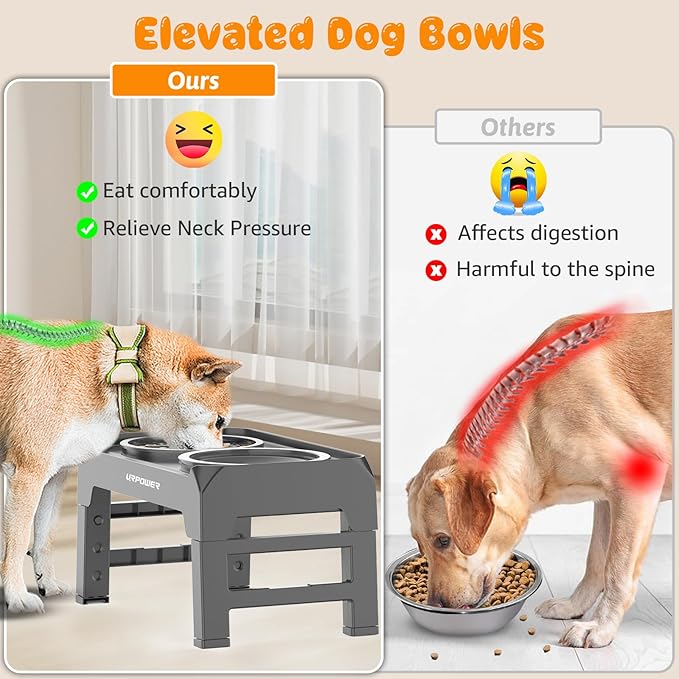 URPOWER 2-in-1 Elevated Dog Bowls Mess Proof Slow Feeder with No Spill Water Bowl 4 Height Adjustable Raised Dog Bowl Non-Slip Food and Water Bowls Set for Small Medium Large Dogs