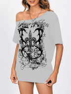 SOLY HUX Women's Off The Shoulder Tops Graphic Tees Y2k Vintage Gothic Oversized T Shirts Streetwear