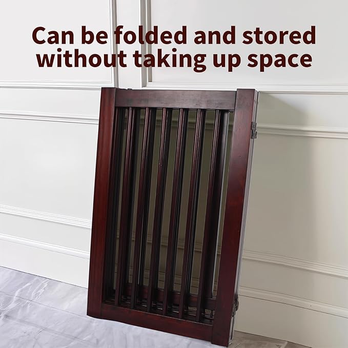 Wooden Freestanding Pet Gate, Pet Gate for Dogs, 29.5inch 4-Panel Wooden Dog Fence with 2 Support, Feet Folding Dog Gate for Indoor, Doorway, Stairs, Kitchen, 81.5“L×30”H (Brown)