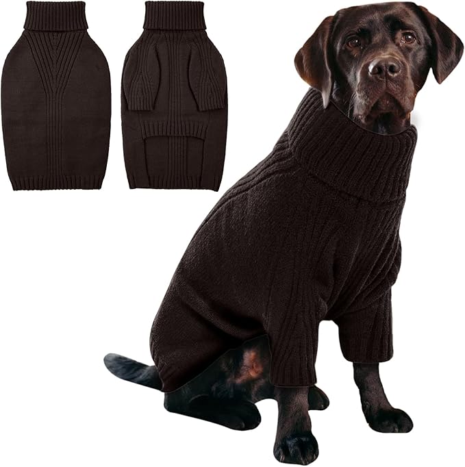IECOii XXL Dog Sweater,Thermal Knit Big Dog Sweater with Sleeve,Pet Turtleneck Doggy Sweatshirt for Extra Large Dogs Boy Girl,Stretchy Large Dogs Cold Weather Outfit Pitbull Clothes,(Brown,XXL)