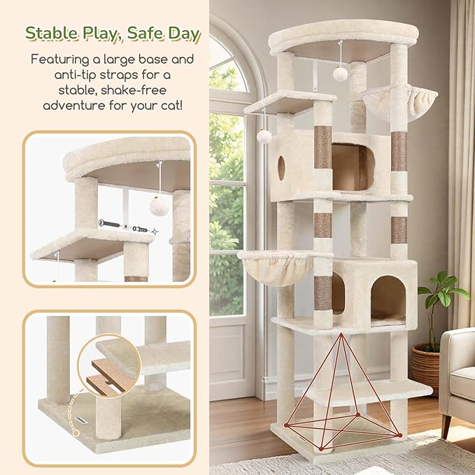 Globlazer Heavy Duty Cat Tree, 74in Sturdy Cat Tower for Large Cats Adult, Big Cat Tree with 5 Sisal Scratching Posts, 2 Padded Condos, 2 Dual-Ear Hanging Baskets, Enlarged Top Perch, S74, Beige