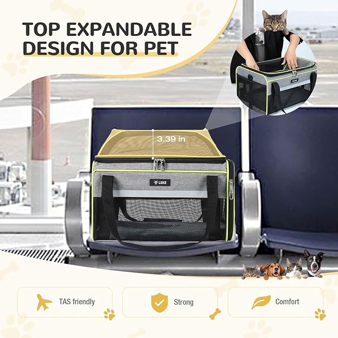 Lekereise Top-Expandable Pet Carrier - TSA Airline Approved Soft Sided Underseat Up to 15lbs Travel Carriers for Small Cats and Dogs with Locking Safety Zippers Anti-Scratch Mesh Gray