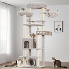 Cat Tree with Tunnel, Cat Tower for Indoor Cats, Tall Cat Tree Tower with Cat Condo, Food Station, Large Platform, Scratching Posts, Hammock, Light Gray GCT021W