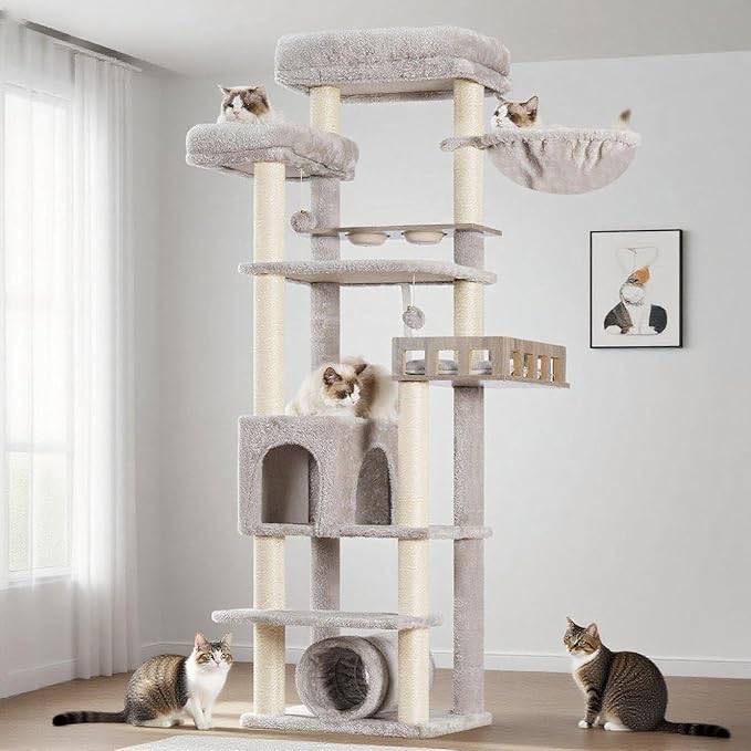 Cat Tree with Tunnel, Cat Tower for Indoor Cats, Tall Cat Tree Tower with Cat Condo, Food Station, Large Platform, Scratching Posts, Hammock, Light Gray GCT021W