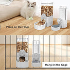 Hanging Cage Automatic Food Water Dispenser, Auto Gravity 1.2L Self-Feeding Feeder and 0.52L Waterer Set, Crate Auto Feeder Dish for Puppy Cats Ferret Bunny Guinea Pig Small Pets (Grey)
