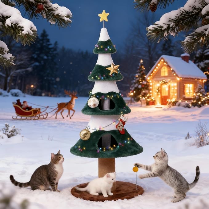 62" Christmas Tree Cat Tower for Indoor Cats, Multi-Level Wooden Cat Tree with Scratching Posts, Sisal Cat Scratcher & Cozy Cat Beds,Green