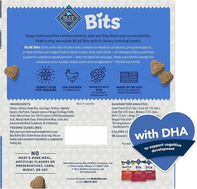 Blue Buffalo BLUE Bits Natural Soft Moist Training Dog Treats TOGO Chicken Recipe Bags, contains Twelve (12) oz bags