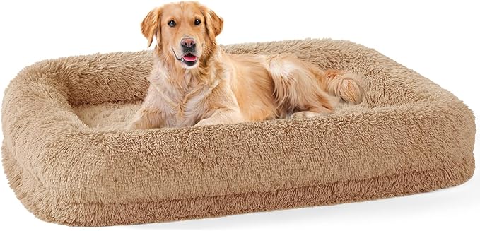 Calming Dog Beds for Large Sized Dogs - Orthopedic Fluffy Pet Bed, Donut Waterproof Pet Sofa with Washable Removable Cover, Supportive Egg Foam and Nonskid Bottom, Camel