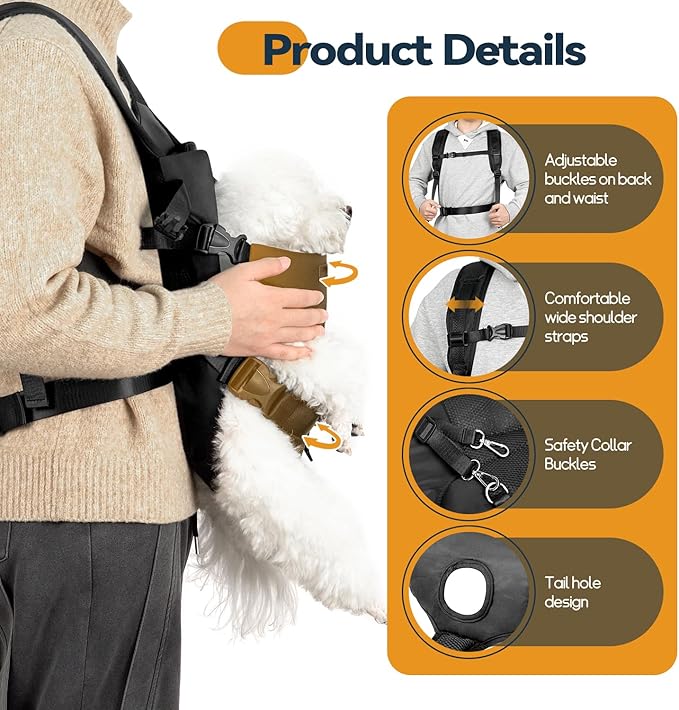 Dog Front Carrier Backpack, Legs Out Secure-Fit Pet Chest Carrier for Small Dogs (6-17 lbs), Adjustable Pet Carriers with Safety Belt, Hands Free Dog Backpack Carriers for Hiking Cycling (S, Black)