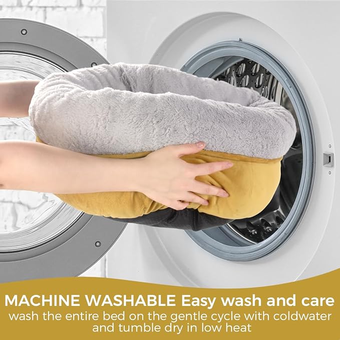 Cat Bed for Indoor Cats,Round Cat Bed for Small Pets,Washable Pet Bed with Non-Skid Bottom,Pet Bed for Puppy and Kitty,19 Inches,Yellow