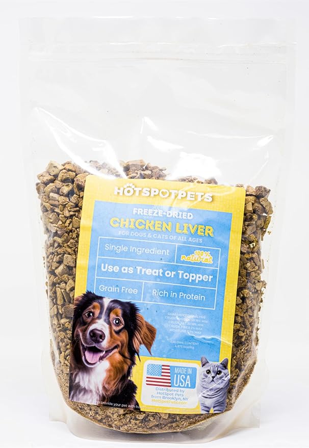 hotspot pets Freeze Dried Chicken Liver Treats for Cats & Dogs -1LB Big Bag-Made in USA- Single Ingredient All Natural, Grain-Free - Perfect for Training, Food Topper or Snack