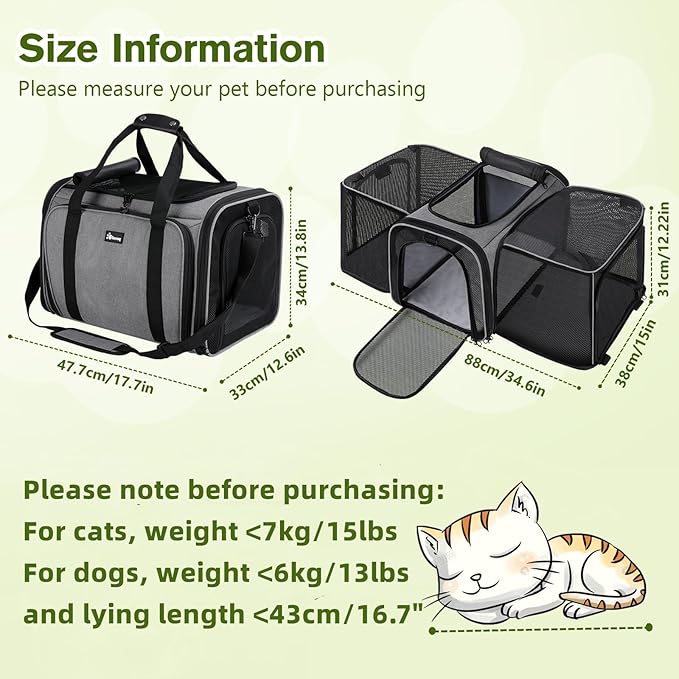 Pecute Expandable Cat Carrier, Soft Side Pet Carrier with Seat Belt, Dog Carriers for Small Dogs, Portable & Foldable Cat Bag Carrier Great for Travel, Outdoor, Hiking, Camping