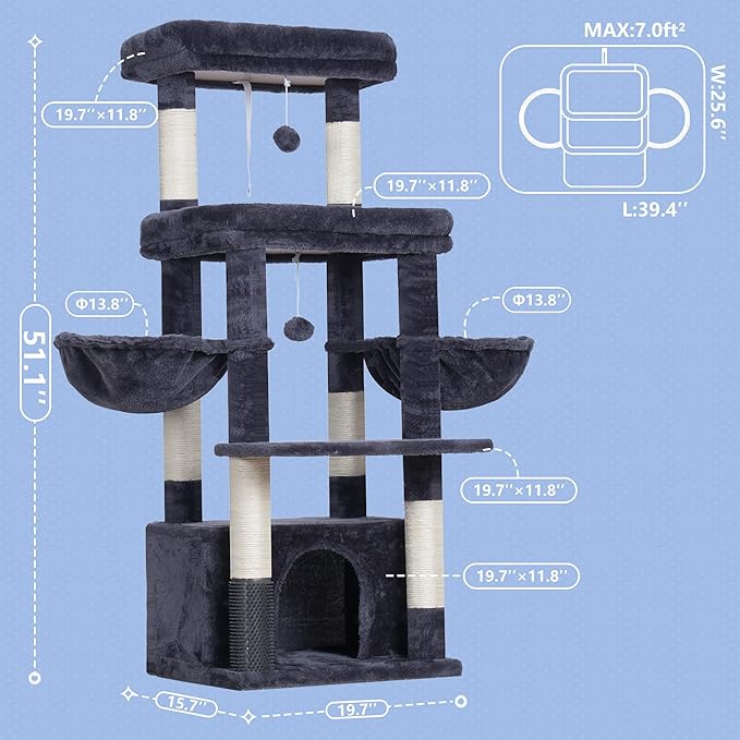 Hey-brother Cat Tree Tower, Scratching Posts with Extra Large Platform, Specious Condo, 2 Cozy Hammocks, Self-Grooming Brush for Indoor Adult Cats, Maine Coon 51.1 inches, Smoky Gray MPJ070G
