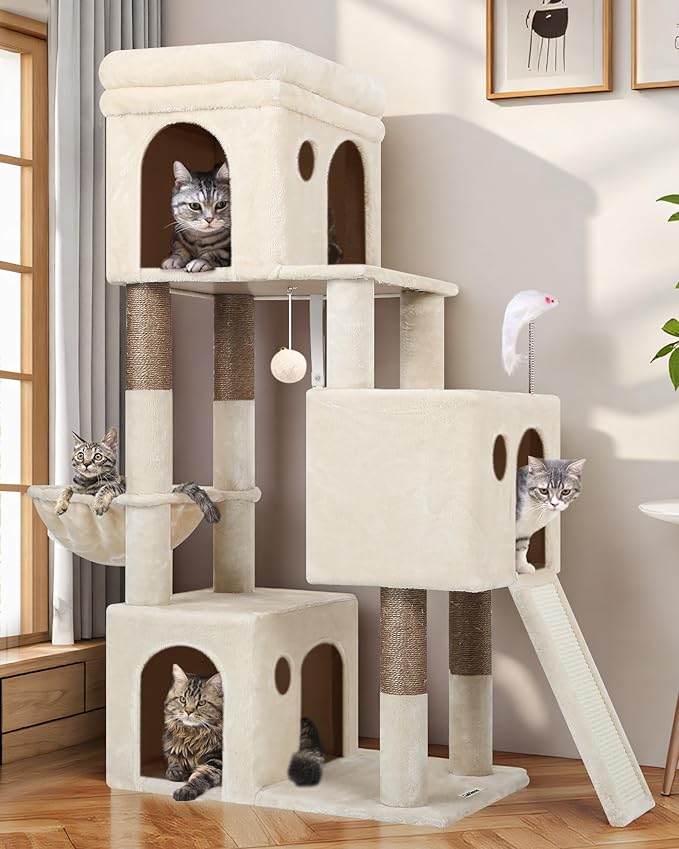 Globlazer Cat Tree Tower for Indoor Cats, 52in Multi-Level Heavy Duty Cat Tower with 4 Scratching Posts, Ladder, Sturdy Cat Tree with 3 Cat Condos for Adult Cats Kittens, Hanging Basket, F52B, Beige