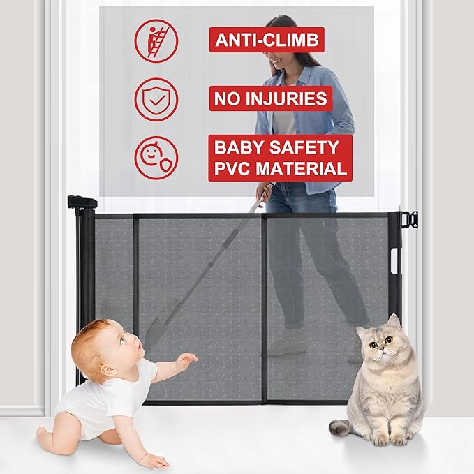150″ Retractable Baby Gate – 34″ Tall Extra Wide Safety Gate for Large Hallways, Open Areas, Pet Zones – Durable Mesh Gate for Kids and Dogs, Black