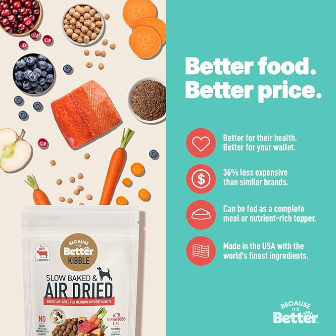 Because it's Better Slow Baked and Air Dried Dog Food, Real Salmon and Veggies, 1lb Bag, Complete and Balanced Dry Dog Food, for All Life Stages