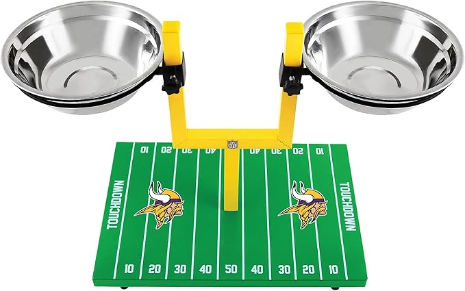 NFL Minnesota Vikings Goalpost Football Field Dog Feeder – Adjustable Elevated Dog Bowls with Stand, 2 Stainless Steel Bowls, Non-Slip Rubber Feet, Raised Pet Feeder for Large & Small Dogs, Cats.