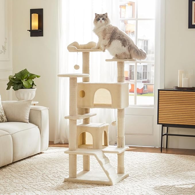 Sweetcrispy 54 Inch Cat Tree Tower, Multi-Level with Cat Scratching Post, Indoor Cat Condo with Climbing Ladder, Plush Toy, Play House for Cat, Beige
