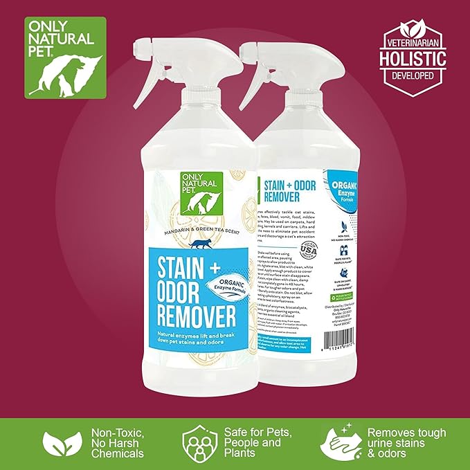 Only Natural Pet Enzyme Powered Stain & Odor Eliminator - Professional Pet Urine Pee Cleaner Deodorizer for Cats - Hardwood Floors Carpets Upholstery - Fresh Mandarin Orange & Green Tea Scent 32Floz