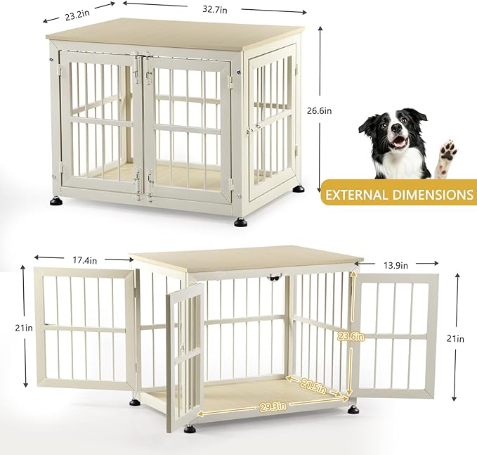 32 Inch Heavy Duty Dog Crate Furniture for Medium and Small Dogs, Decorative Pet House End Table, Wooden Cage Kennel Furniture Indoor with Double Doors, Sturdy Dog Cage for Anxiety Dog