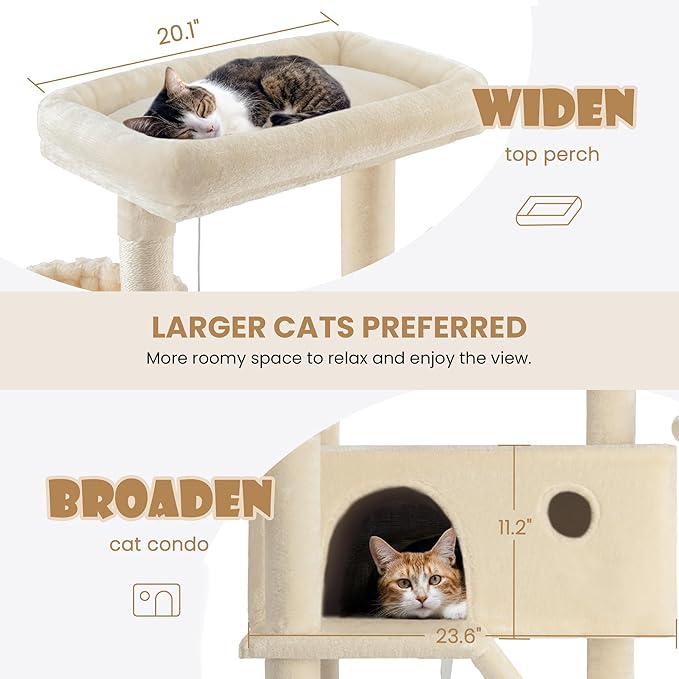 SHA CERLIN 81in Multi-Level Tall Cat Tree Tower for Indoor Kitties/Larger Cat Condo Furniture with Hammock/Cozy Pussycat Perches/Sisal Scratching Posts/Pet House/Wide Base/Beige