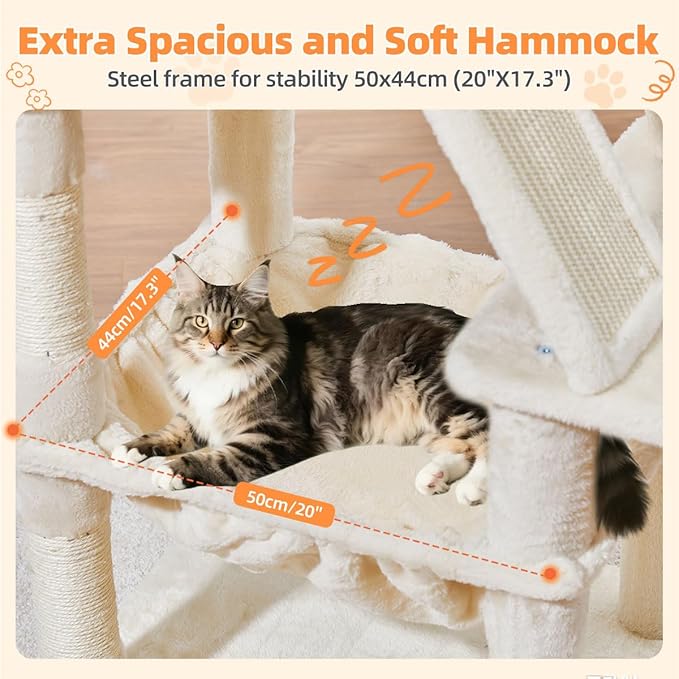 Taoqimiao Cat Tree 57.5-Inch, Cat Tower for Indoor Cats Large Adult, Extra Large Cat Condo, 8 Sisal Scratching Posts, Metal Frame Cozy Hammock, Durable Scratch Board, 2 Top Perches, Beige MS026M