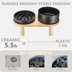 Ceramic Slow Feeder and Water Bowl Set for Small Dogs, Ceramic Dog Bowls Elevated with Wooden Stand, 0.6 Cups Dog Slow Feeder(14oz) and 30oz Water Bowl Set, Black