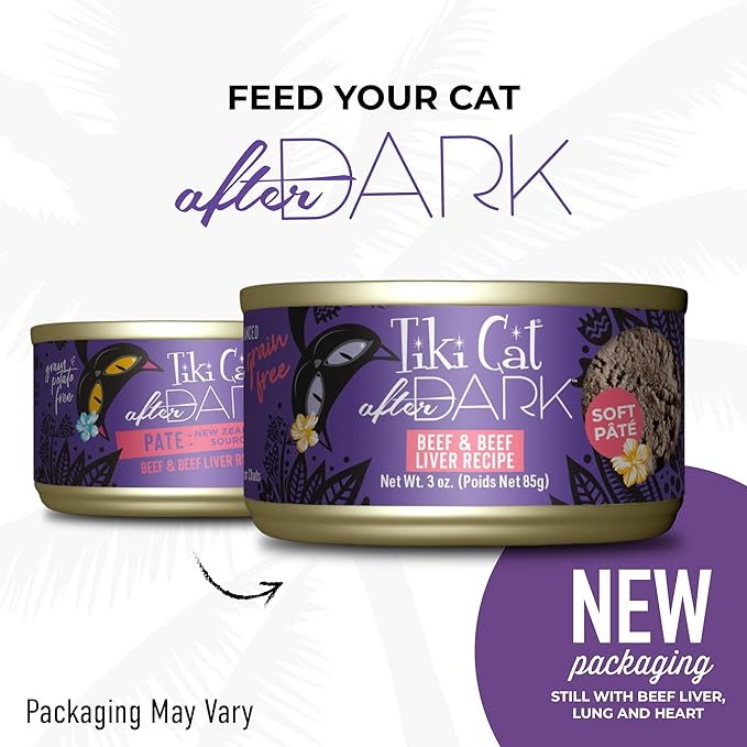 Tiki Cat After Dark Soft Pate, Beef & Beef Liver, High-Protein and 100% Non-GMO Ingredients, Wet Cat Food for Adult Cats, 3 oz. Can (12 Count)