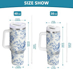 Boccsty Vintage French Floral Insulated Tumblers Blue Pattern Reusable Stainless Steel Tumbler 40 oz Cup Coffee Travel Mug Water Bottle with Handle & Flip Straw for Home Office Car