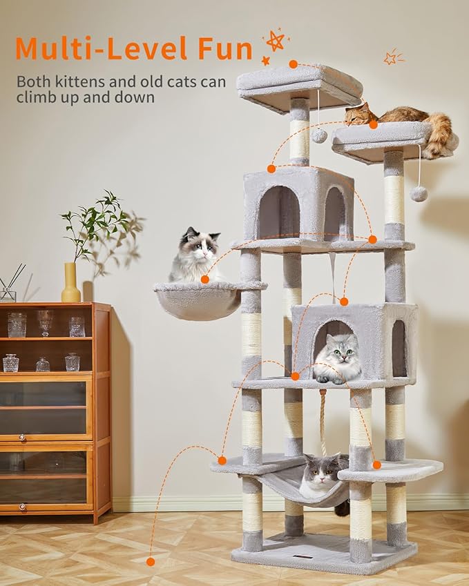 Taoqimiao Cat Tree, 71.7-Inch Cat Tower for Indoor Cats, Plush Multi-Level Cat Condo with 13 Scratching Posts, 2 Perches, 2 Caves, Hammock, 2 Pompoms,Light Gray MS013LW