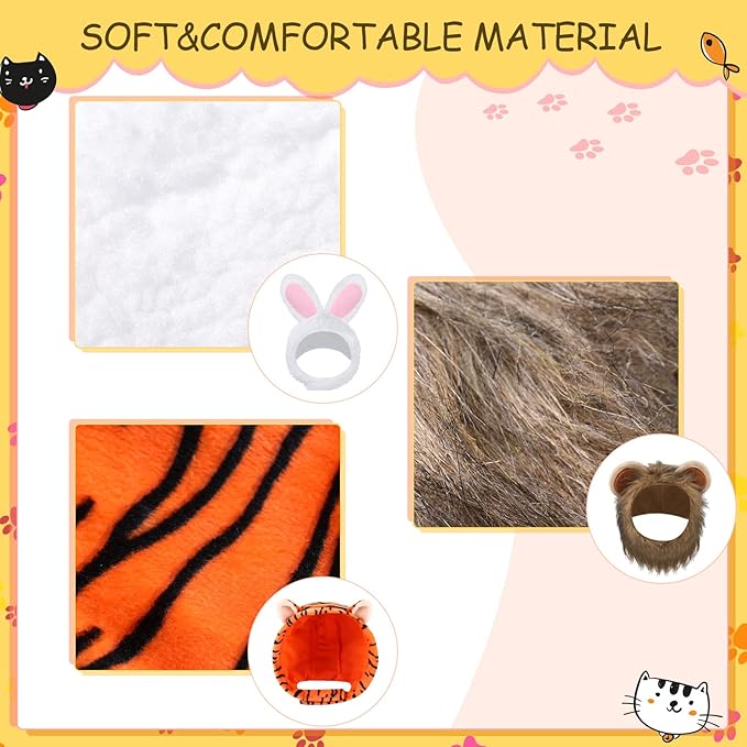 Weewooday 5 Pcs Cat Adorable Costume Bunny Hat with Ears Funny Mane Cat Hat for Pets and Small Dogs Kitten Puppy Party Costume Accessory Headwear(Rabbit, Lion, Leopard, Tiger, Giraffe)