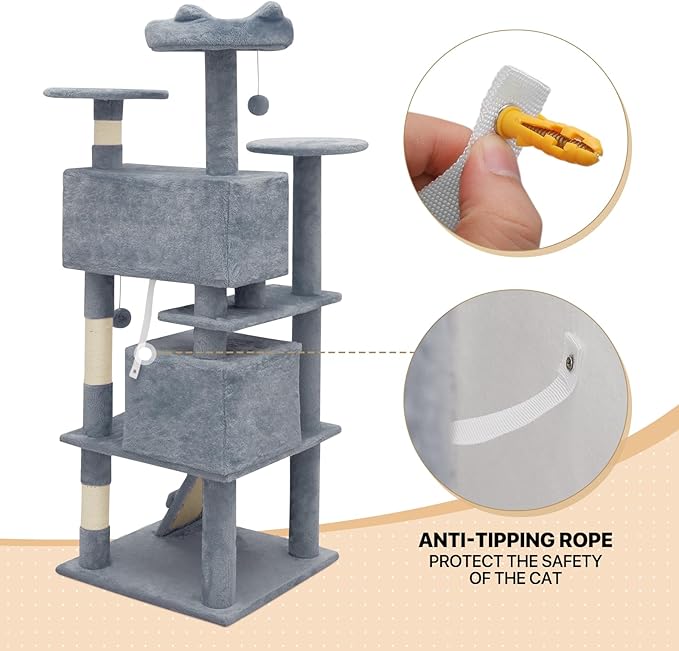MoNiBloom 54 Inch Cat Tree Tower for Indoor Cats Large Adults, Cat Tower with Scratching Post, Multi-Level Furniture Activity Center with Cat Condo Pet Play House, Light Grey