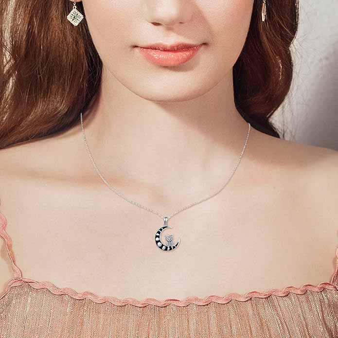 Black Cat/Fox/Owl/Panda/Butterfly/Cat/Dog Paw Print/Mushroom for Women Sterling Silver Animal Pendant Necklace Jewelry Christmas Birthday Gifts for Couples Sisters