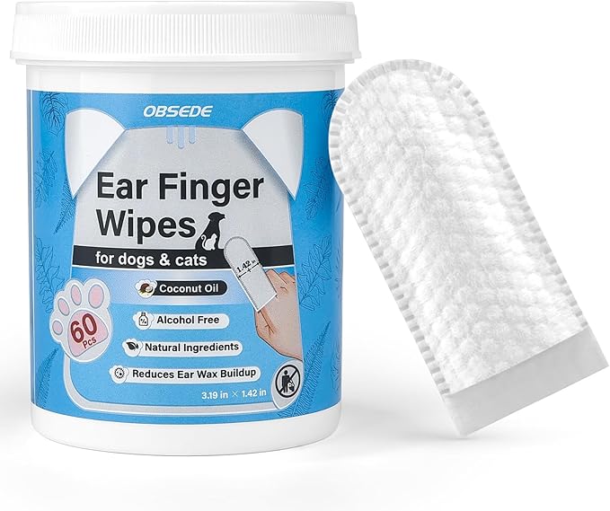 OBSEDE Dog & Cat Ear Wipes, 60 Count Finger Pads for Cleaning & Itch Relief